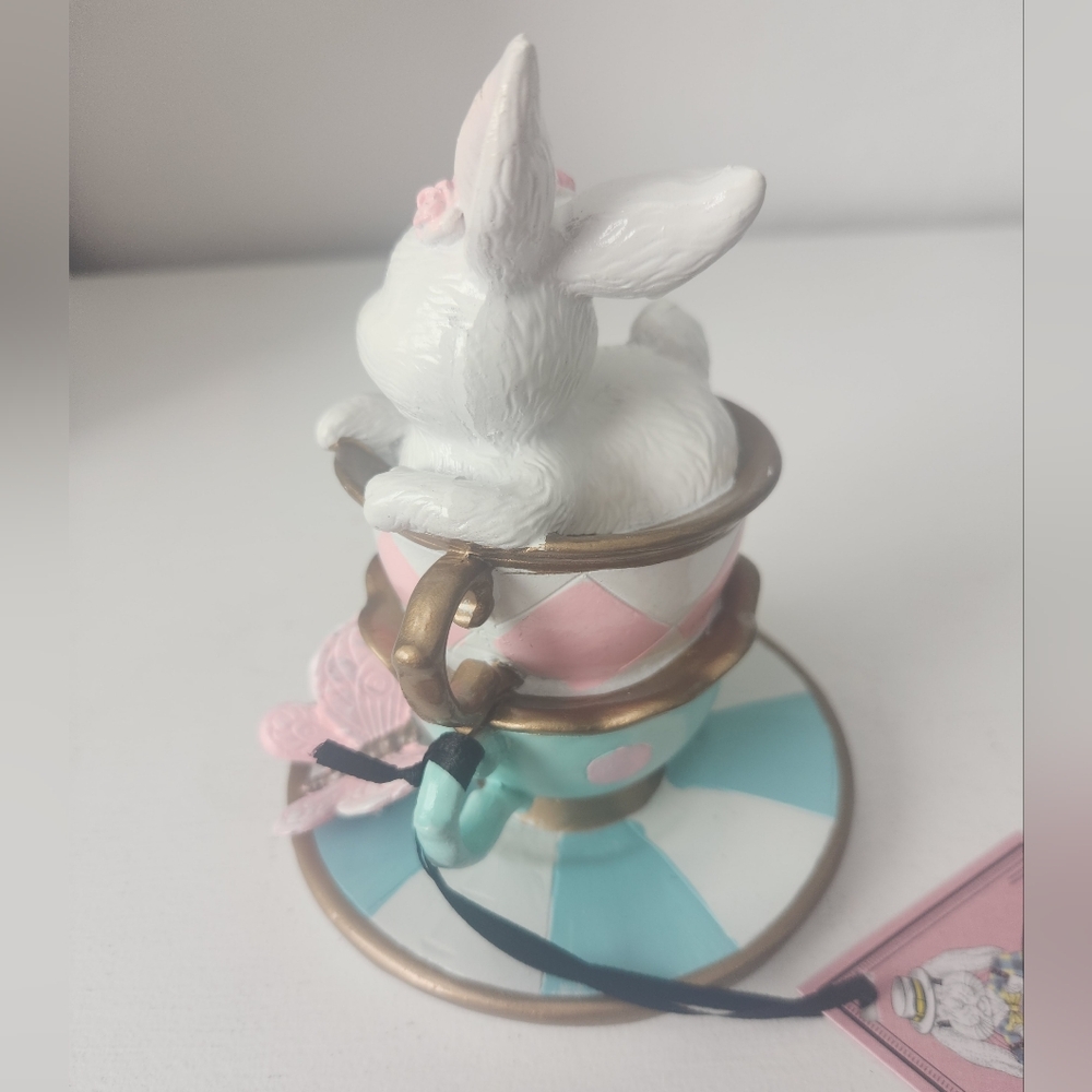 TopHat & Tails White Bunny Sitting In A Teacup Figurine with Pink Floral Crown - Picture 5 of 14